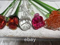 Long Stem Blown Art Glass Murano Style Variety Of Flowers 12 Lot Of 8 Read