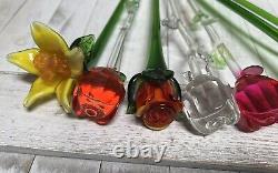 Long Stem Blown Art Glass Murano Style Variety Of Flowers 12 Lot Of 8 Read