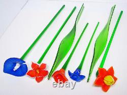 Lot 7 Vtg Large Hand Blown Art Glass Flowers Murano Long Stem Leaf Blue Red Lily