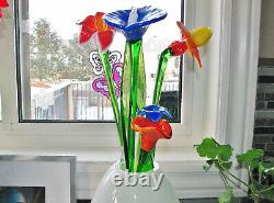 Lot 7 Vtg Large Hand Blown Art Glass Flowers Murano Long Stem Leaf Blue Red Lily