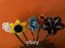 Lot of (10) 15 Long Stem Glass Flowers. Murano Style Hand Blown Studio Art