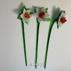 Lot of 11 Vintage Long Stem Murano Style Colorful Art Glass Flowers & 2 Leaves