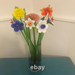 Lot of 11 Vintage Long Stem Murano Style Colorful Art Glass Flowers & 2 Leaves