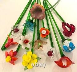 Lot of 12 Vintage Murano Style Hand Blown Art Glass 19-20 Long Stem Flowers