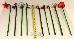 Lot of 12 Vintage Murano Style Hand Blown Art Glass 19-20 Long Stem Flowers