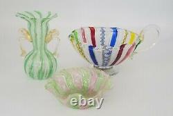 Lot of 3 Murano Italian Latticino Art Glass Pieces, 2 Bowls, 1 Vase, Italy