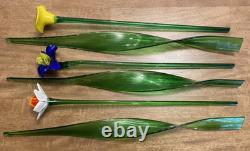 Lot of 6 Hand-blown Murano-style Art Glass Multi-Color Flowers 19 & Leaves 22