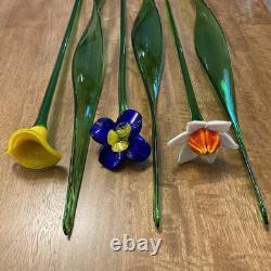 Lot of 6 Hand-blown Murano-style Art Glass Multi-Color Flowers 19 & Leaves 22