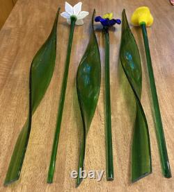Lot of 6 Hand-blown Murano-style Art Glass Multi-Color Flowers 19 & Leaves 22