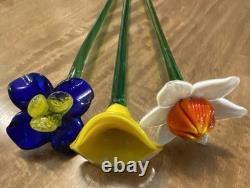 Lot of 6 Hand-blown Murano-style Art Glass Multi-Color Flowers 19 & Leaves 22