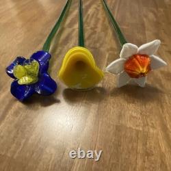Lot of 6 Hand-blown Murano-style Art Glass Multi-Color Flowers 19 & Leaves 22