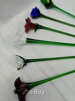 Lot of 6 Murano Glass Long Stem Around 12 Glass Flowers Calla Rose etc, 1=AsIs