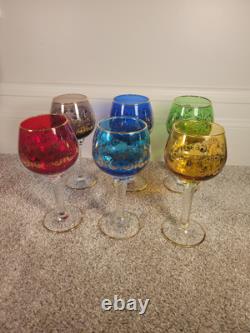 Lot of 6 Murano Venice Hand Blown Goblet Wine Glasses Gold Tone Gold Trim #603