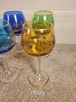 Lot of 6 Murano Venice Hand Blown Goblet Wine Glasses Gold Tone Gold Trim #603