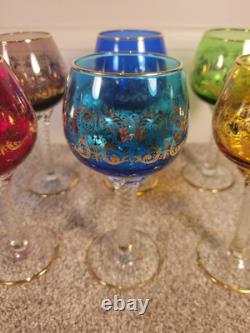 Lot of 6 Murano Venice Hand Blown Goblet Wine Glasses Gold Tone Gold Trim #603