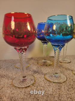 Lot of 6 Murano Venice Hand Blown Goblet Wine Glasses Gold Tone Gold Trim #603