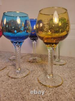 Lot of 6 Murano Venice Hand Blown Goblet Wine Glasses Gold Tone Gold Trim #603