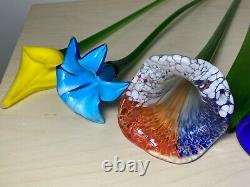 Lot of 6 Vintage Hand Blown Art Glass Long Stem Flowers Colorful Bouquet Murano