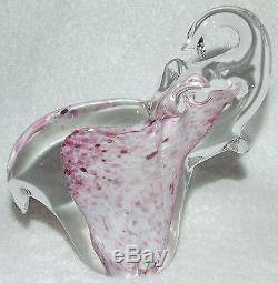 Lucky Murano Italian Art Hand Blown Glass Raised Trunk White & Pink Elephant