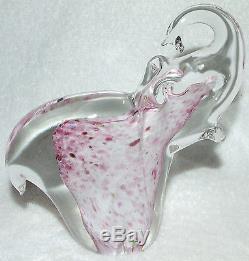 Lucky Murano Italian Art Hand Blown Glass Raised Trunk White & Pink Elephant