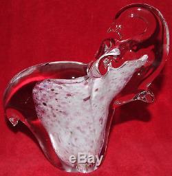 Lucky Murano Italian Art Hand Blown Glass Raised Trunk White & Pink Elephant