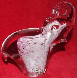 Lucky Murano Italian Art Hand Blown Glass Raised Trunk White & Pink Elephant