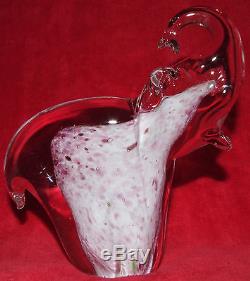 Lucky Murano Italian Art Hand Blown Glass Raised Trunk White & Pink Elephant