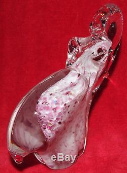 Lucky Murano Italian Art Hand Blown Glass Raised Trunk White & Pink Elephant