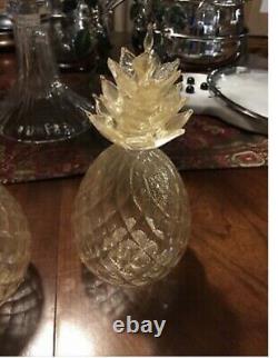 Luigi Fornasier Pair Vintage Murano Glass Pineapple Sculptures Aventurine Gold