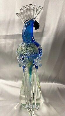 MAJESTIC TALL AUTHENTIC MURANO ART GLASS BLUE COCKATOO MACAW PARROT 24k GOLD