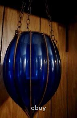 (MATCHING PAIR!) Murano Hand Blown Caged Glass Globes Acorn Shape Cobalt Blue