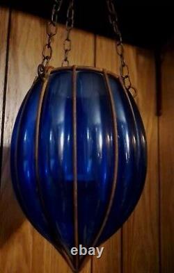 (MATCHING PAIR!) Murano Hand Blown Caged Glass Globes Acorn Shape Cobalt Blue