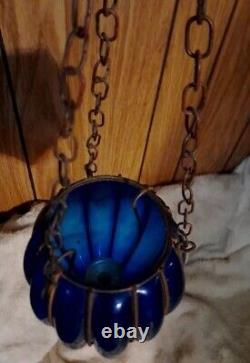 (MATCHING PAIR!) Murano Hand Blown Caged Glass Globes Acorn Shape Cobalt Blue