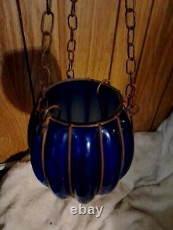 (MATCHING PAIR!) Murano Hand Blown Caged Glass Globes Acorn Shape Cobalt Blue