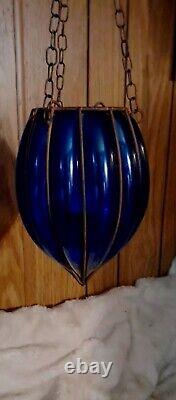 (MATCHING PAIR!) Murano Hand Blown Caged Glass Globes Acorn Shape Cobalt Blue