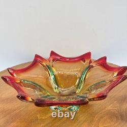 MCM 60s Murano Hand-Blown Glass Bowl Red Amber Teal Sommerso Starburst 10 inch