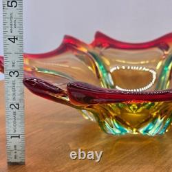 MCM 60s Murano Hand-Blown Glass Bowl Red Amber Teal Sommerso Starburst 10 inch