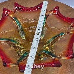MCM 60s Murano Hand-Blown Glass Bowl Red Amber Teal Sommerso Starburst 10 inch