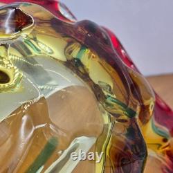 MCM 60s Murano Hand-Blown Glass Bowl Red Amber Teal Sommerso Starburst 10 inch