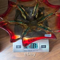 MCM 60s Murano Hand-Blown Glass Bowl Red Amber Teal Sommerso Starburst 10 inch