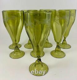 MCM 8 Hand Blown Murano Art Glass Goblets Stylized Deco Horses Etched
