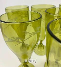 MCM 8 Hand Blown Murano Art Glass Goblets Stylized Deco Horses Etched