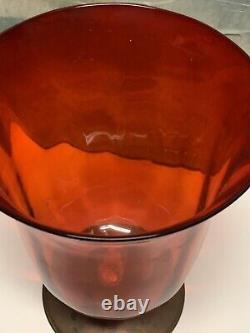 MCM Italian Murano Hand Blown Optic Molded 8 Inch Ruby Glass Vase Copper Base