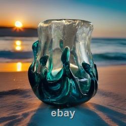 MCM Murano-Like BLOWN ART Glass Teal & Clear 2.8lbs Thick & Heavy