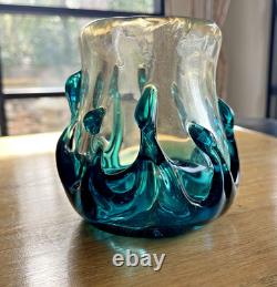 MCM Murano-Like BLOWN ART Glass Teal & Clear 2.8lbs Thick & Heavy
