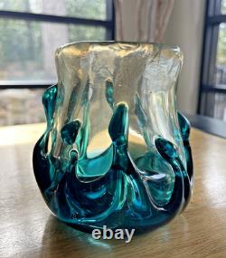 MCM Murano-Like BLOWN ART Glass Teal & Clear 2.8lbs Thick & Heavy