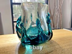 MCM Murano-Like BLOWN ART Glass Teal & Clear 2.8lbs Thick & Heavy
