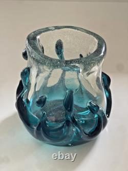 MCM Murano-Like BLOWN ART Glass Teal & Clear 2.8lbs Thick & Heavy