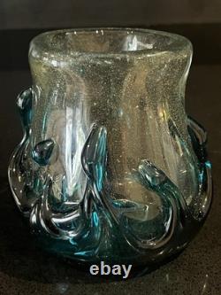 MCM Murano-Like BLOWN ART Glass Teal & Clear 2.8lbs Thick & Heavy