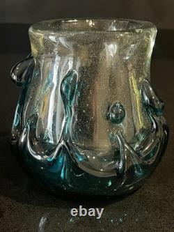 MCM Murano-Like BLOWN ART Glass Teal & Clear 2.8lbs Thick & Heavy